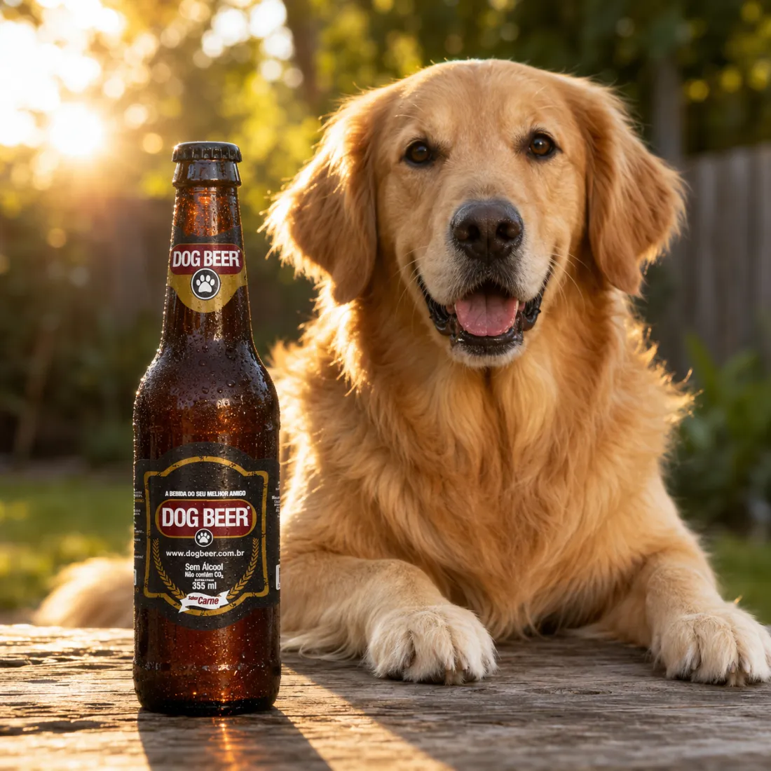 Cão feliz ao lado da Dog Beer
