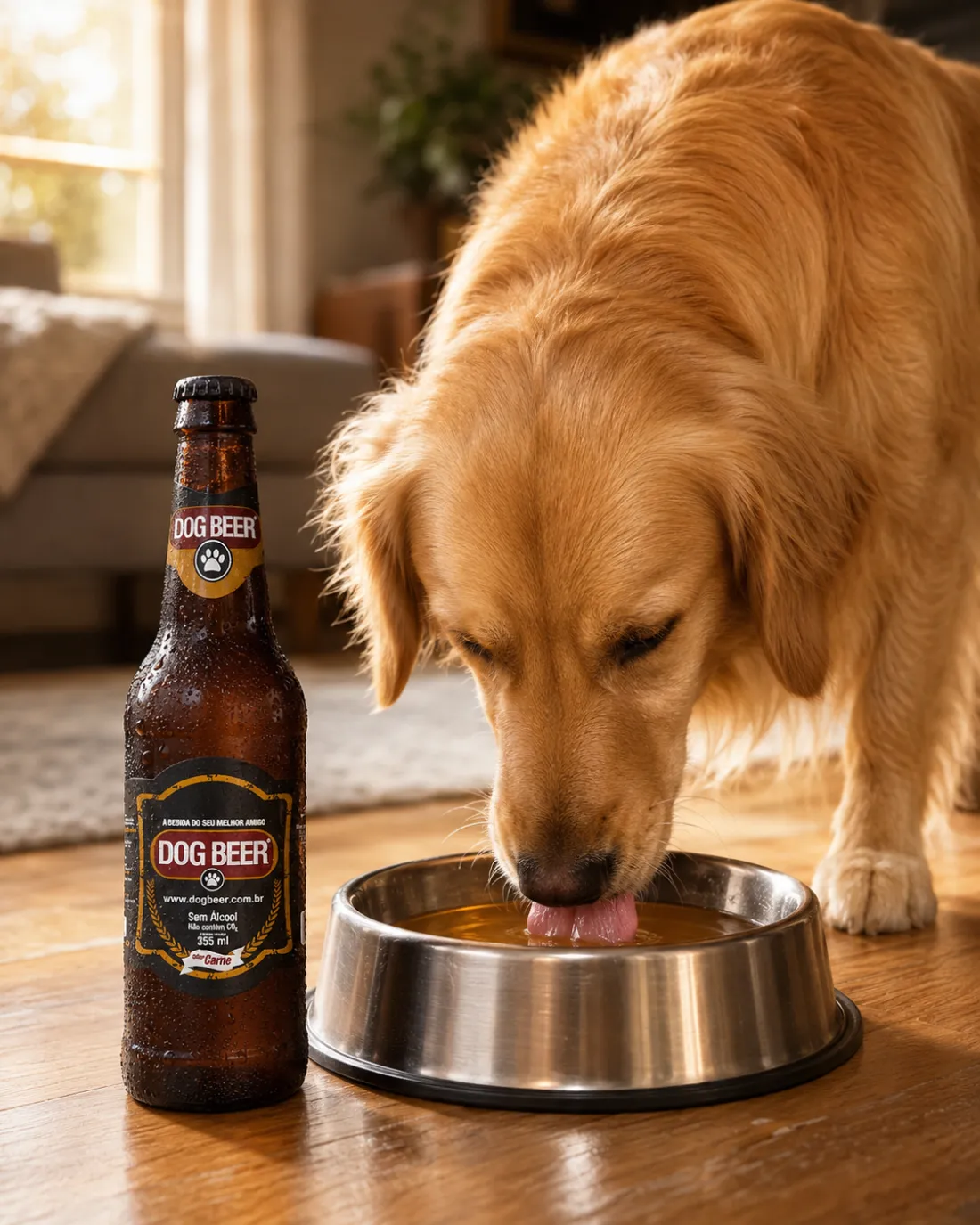 Cão bebendo Dog Beer na tigela